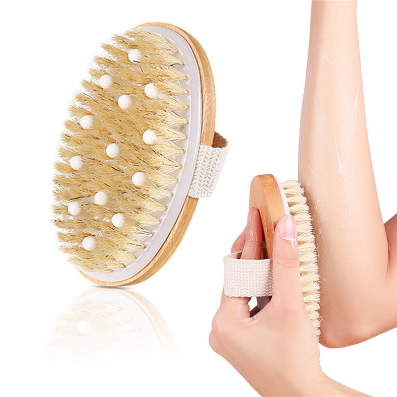 Bamboo oval exfoliating body brush with massage beads