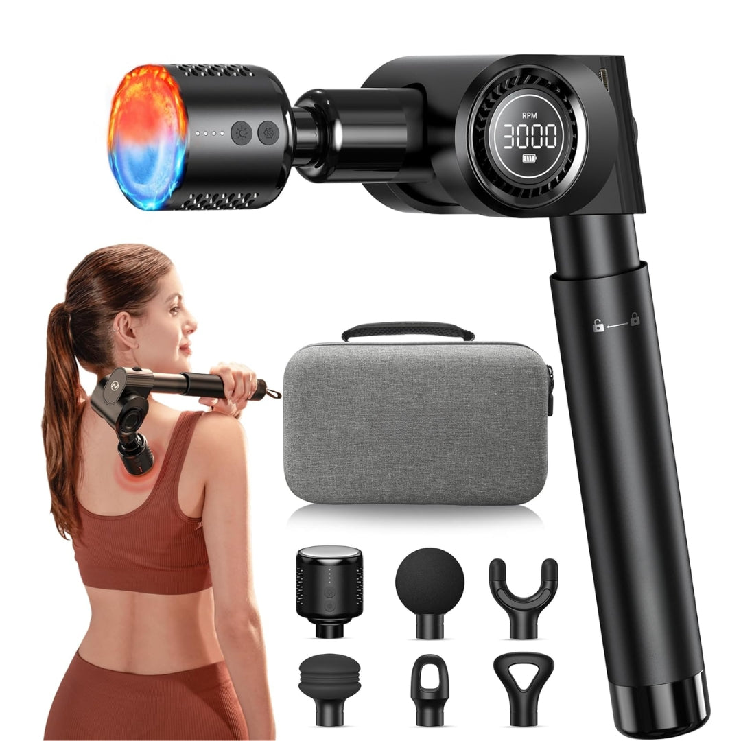 Deep Tissue Percussion Massage Device with Hot & Cold Therapy – Foldable Long-Handle 32-Speed Body Massager